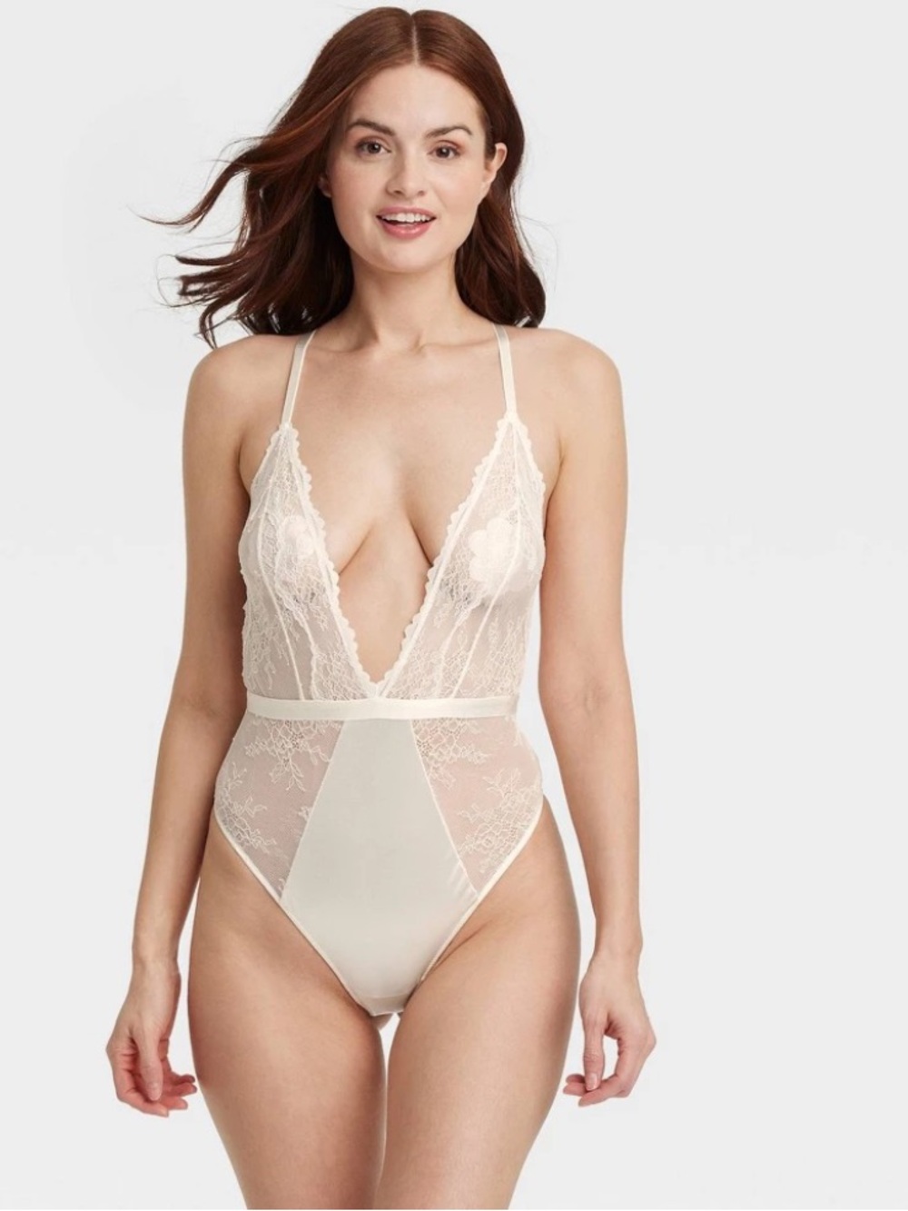 Women's Unlined Lace Lingerie Bodysuit - Auden™ Cream L